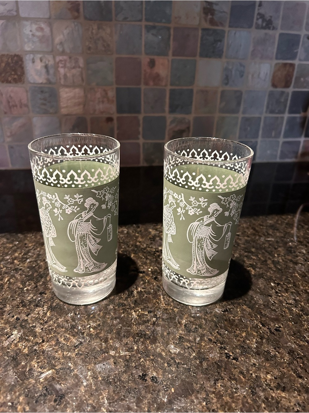 Vintage Sage Green Glass Tumbler Pair with White Oriental Motifs